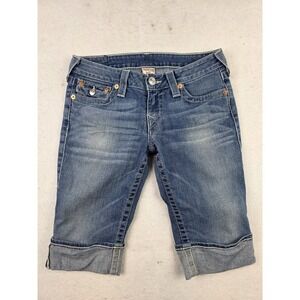 True Religion Knee Length Cuffed Denim Shorts Flap Pockets Size 28 Rhinestones